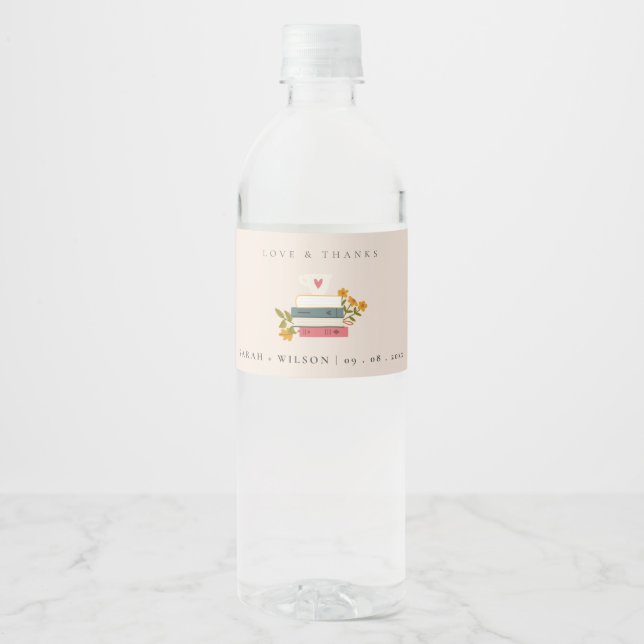 Cute Dusky Blush Stacked Storybooks Floral Wedding Water Bottle Label (Front)