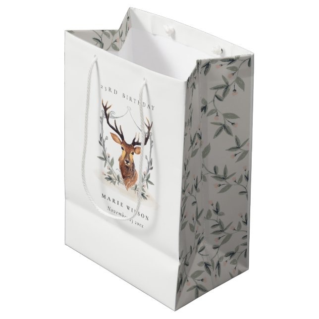 Cute Dusky Deer Floral Crest Any Age Birthday Medium Gift Bag (Front Angled)