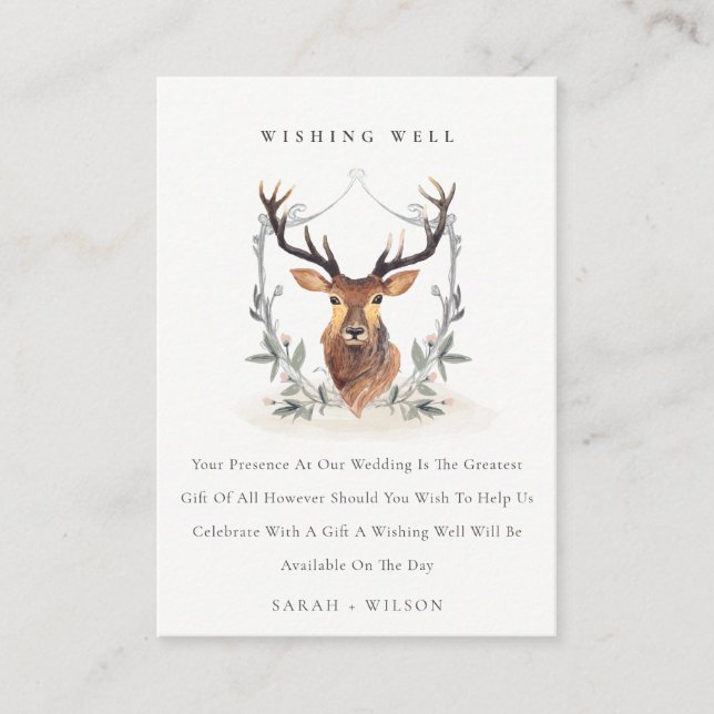Cute Dusky Deer Floral Crest Wedding Wishing Well Enclosure Card (Front)