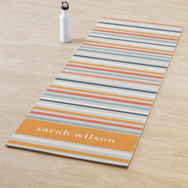 Cute Dusky Orange Blue Ochre Stripes Pattern Yoga Mat (In Situ)
