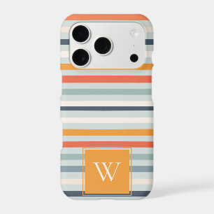 Cute Dusky Orange Blue Striped Pattern Monogram