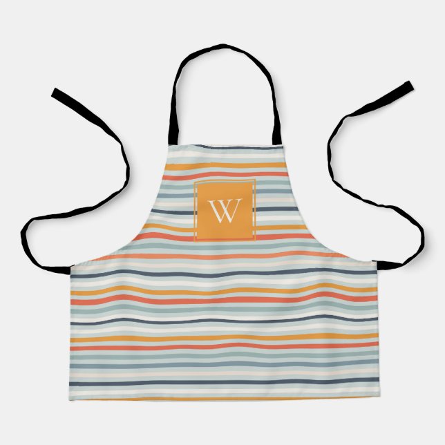 Cute Dusky Orange Blue Striped Pattern Monogram Apron (Front)