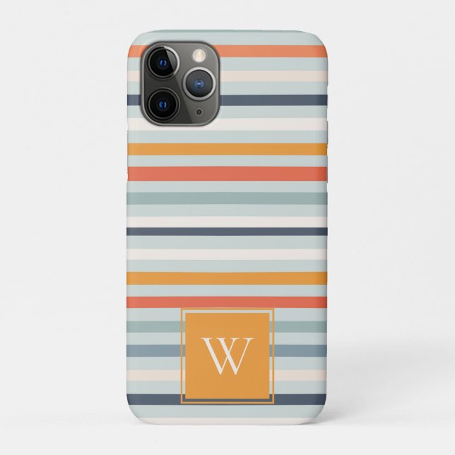 Cute Dusky Orange Blue Striped Pattern Monogram Case-Mate iPhone Case (Back)