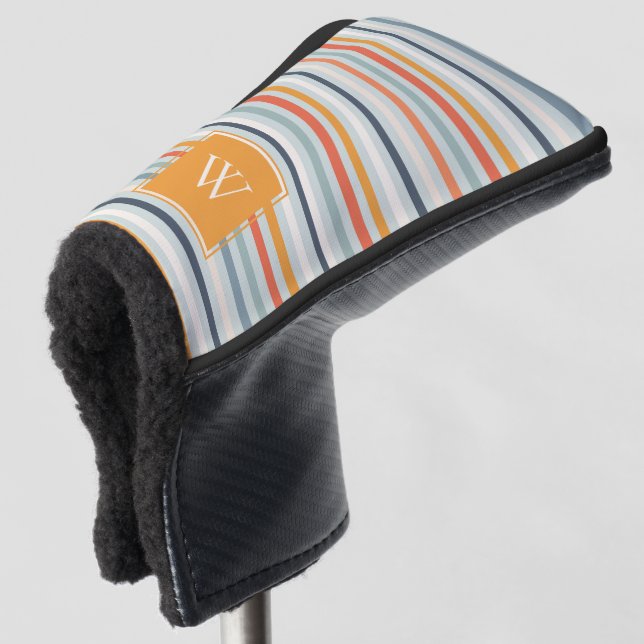 Cute Dusky Orange Blue Striped Pattern Monogram Golf Head Cover (3/4 Front)