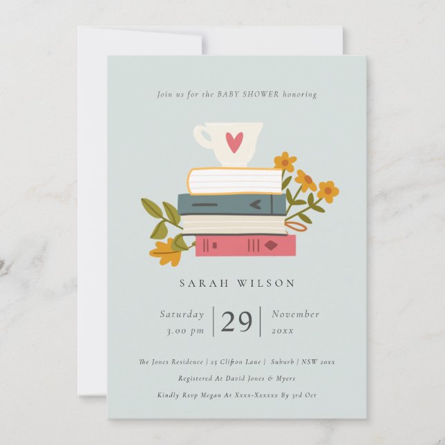Cute Dusky Stacked Books Floral Baby Shower Invite (Front)