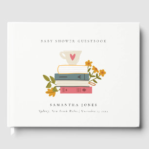 Cute Dusky Stacked Storybooks Floral Baby Shower Guest Book