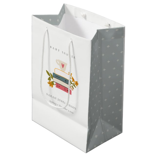 Cute Dusky Stacked Storybooks Floral Baby Shower  Medium Gift Bag (Front Angled)