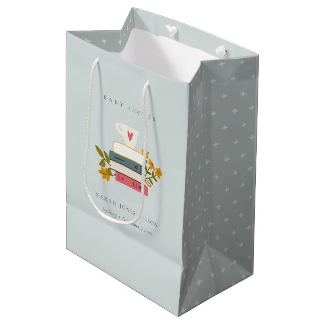 Cute Dusky Stacked Storybooks Floral Baby Shower Medium Gift Bag (Front Angled)