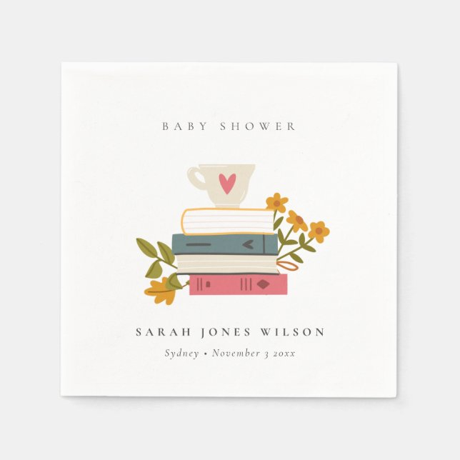 Cute Dusky Stacked Storybooks Floral Baby Shower Napkin (Front)