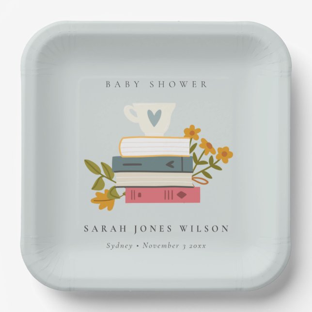 Cute Dusky Stacked Storybooks Floral Baby Shower Paper Plate (Front)