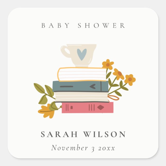 Cute Dusky Stacked Storybooks Floral Baby Shower Square Sticker (Front)