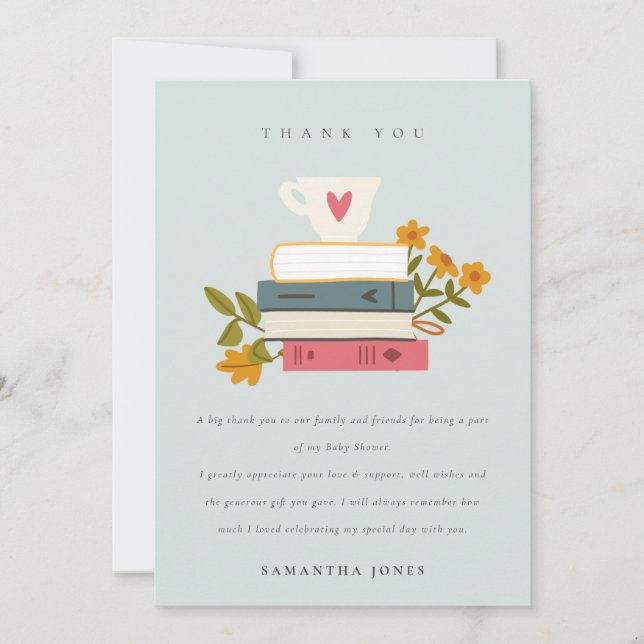 Cute Dusky Stacked Storybooks Floral Baby Shower Thank You Card (Front)