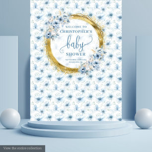 Cute dusty blue flowers gold boy baby shower  tapestry