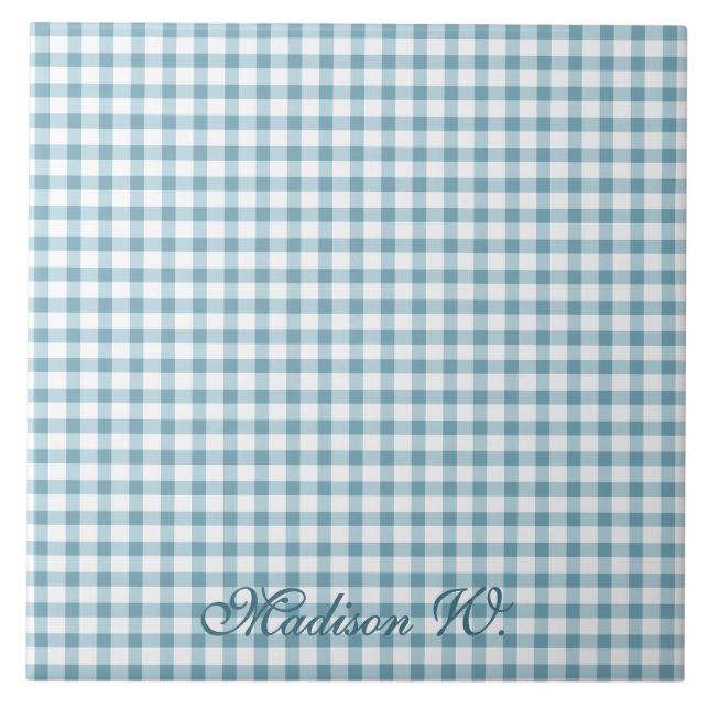 Cute Dusty Blue Gingham Pattern Tile (Front)