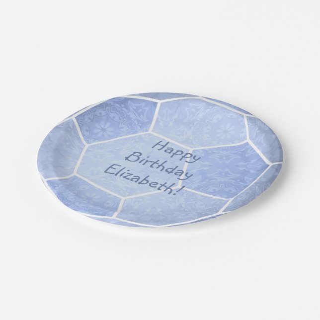 cute dusty blue girly soccer birthday party paper plate (Angled)