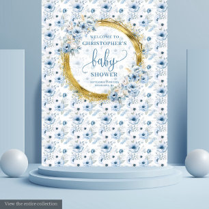 Cute Dusty Blue Gold Flowers Baby Shower Backdrop Tapestry