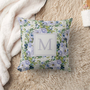 Cute Dusty Blue Navy Floral White Monogram Cushion