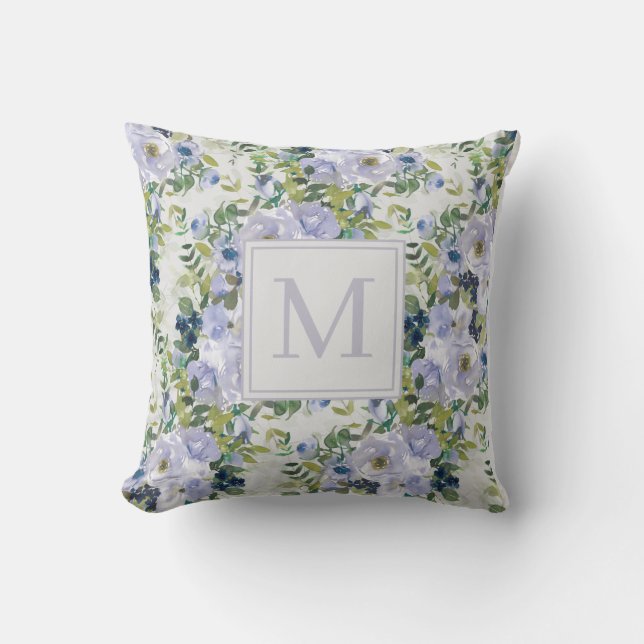 Cute Dusty Blue Navy Floral White Monogram  Cushion (Front)