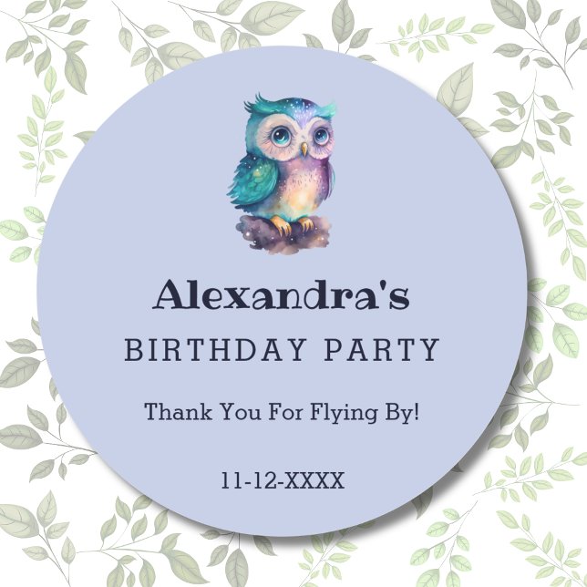 Cute Dusty Blue Owl Kids Birthday Thank You   Classic Round Sticker (Creator Uploaded)