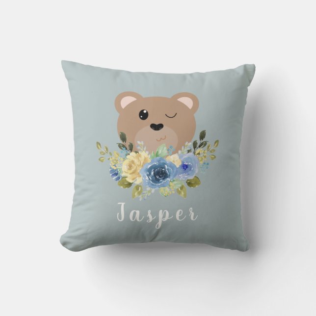 Cute Dusty Blue Teddy Bear Name Kids Cushion (Front)