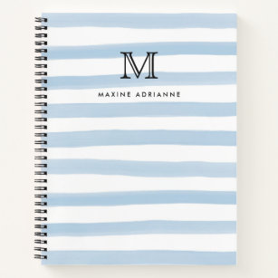 Cute Dusty Blue Watercolor Stripes Monogram Name Notebook