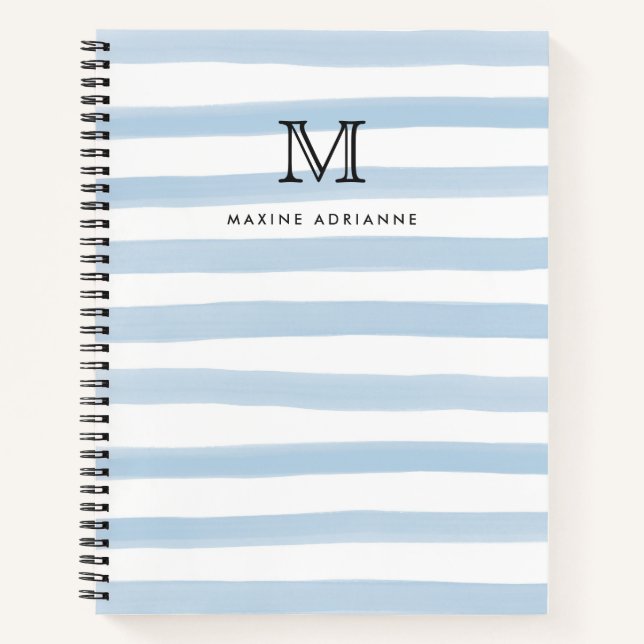 Cute Dusty Blue Watercolor Stripes Monogram Name Notebook (Front)