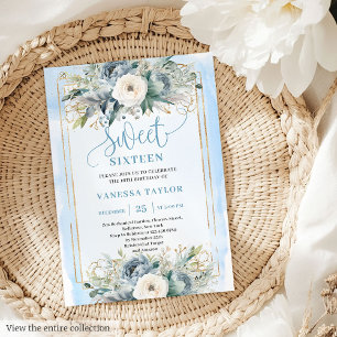 Cute Dusty Blue White Peonies Sweet 16 Invitation