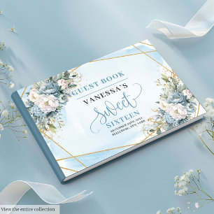 Cute Dusty Blue White Peonies Sweet Sixteen 16th Guest Book
