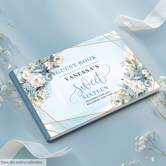 Cute Dusty Blue White Peonies Sweet Sixteen 16th Guest Book (Cute Dusty Blue White Peonies Sweet Sixteen Guest Book)