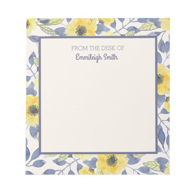 Cute Dusty Blue Yellow Flowers Cream From Desk of Notepad (Front)