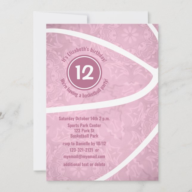 cute dusty pink basketball birthday party invitation (Front)