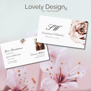 Cute Dusty Pink Rose Plain White Initials Photo Business Card