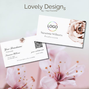 Cute Dusty Pink Rose Plain White with Logo QR Code Business Card