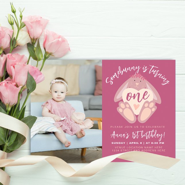 Cute  Dusty Pink Some Bunny 1st Bday Party Photo Invitation (Creator Uploaded)