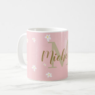 Cute Dusty Pink Sweet Daisies Girly Monogrammed Coffee Mug