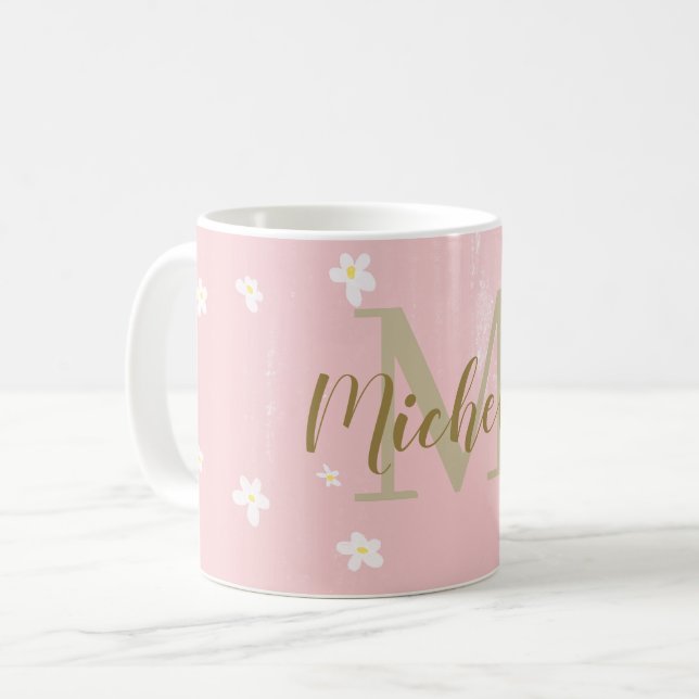 Cute Dusty Pink Sweet Daisies Girly Monogrammed Coffee Mug (Front Left)
