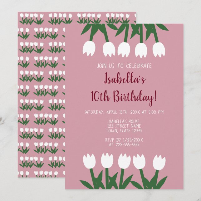 Cute Dusty Rose Floral Tulips Birthday Party Invitation (Front/Back)