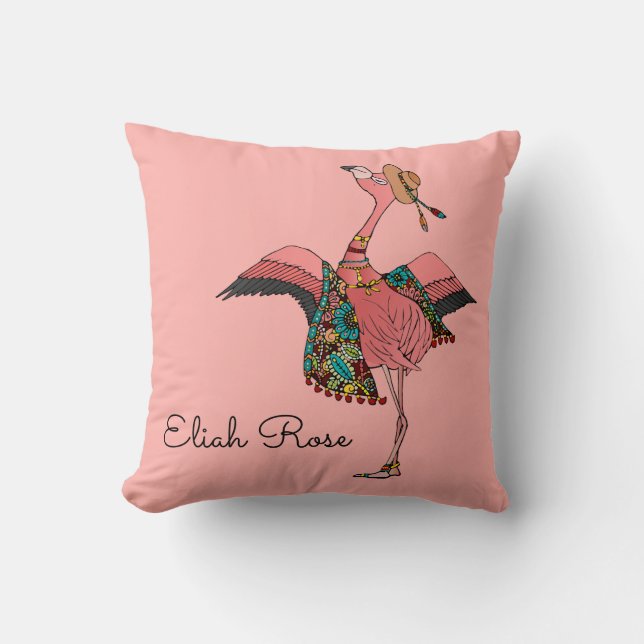 Cute Dusty Rose Pink Bohemian Flamingo & Name Cushion (Front)