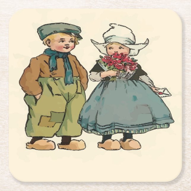 Cute Dutch Children Square Paper Coaster (Front)