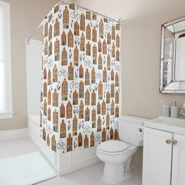 Cute Dutch Houses - Amsterdam bikes tulips Shower Curtain (In Situ)