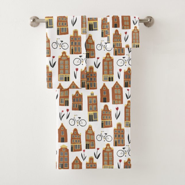 Cute Dutch Houses - Amsterdam Canal House Bikes Bath Towel Set (Insitu)