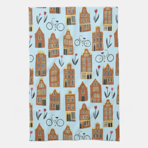 Cute Dutch Houses Amsterdam City Pattern Tea Towel