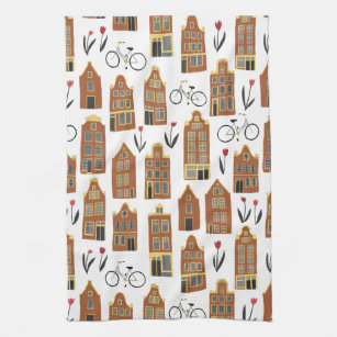 Cute Dutch Houses Amsterdam City Pattern Tea Towel