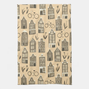 Cute Dutch Houses Amsterdam City Pattern Tea Towel