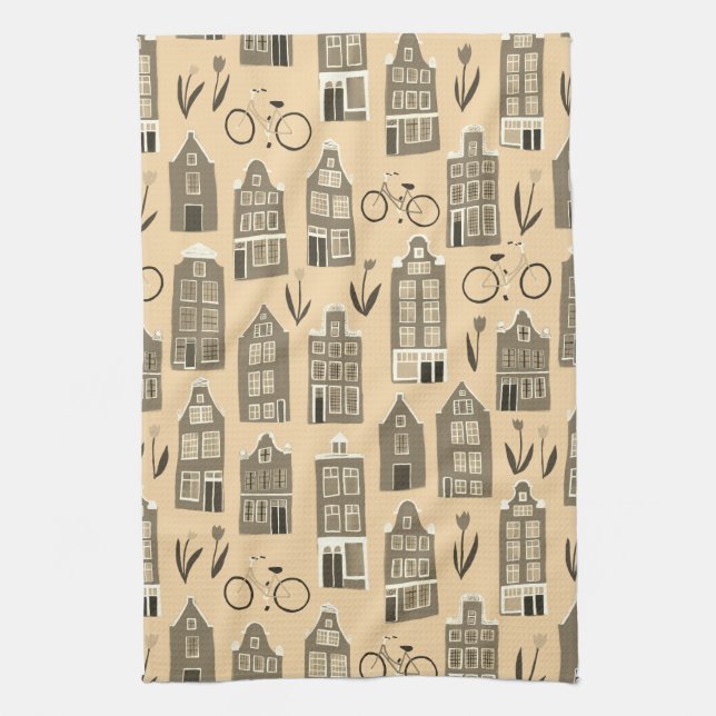 Cute Dutch Houses Amsterdam City Pattern Tea Towel (Vertical)