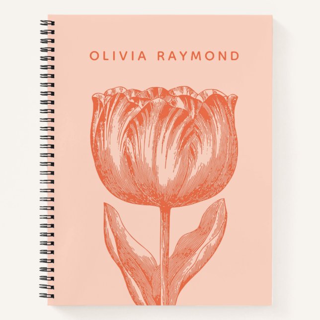 Cute Dutch Tulip Floral Drawing Pink Orange Name Notebook (Front)