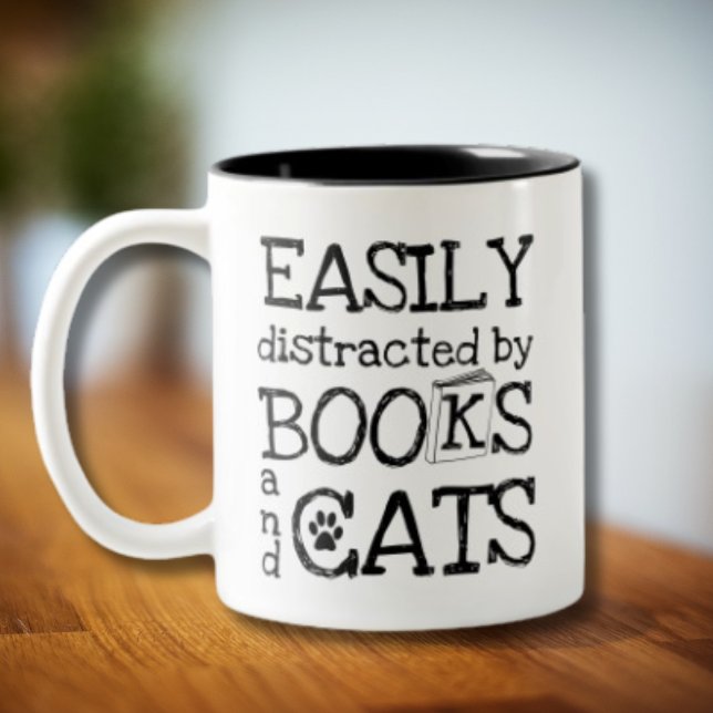 Cute Easily Distracted by Books and Cats Two-Tone Coffee Mug (Creator Uploaded)