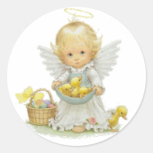 Cute Easter Angel And Ducklings Classic Round Sticker