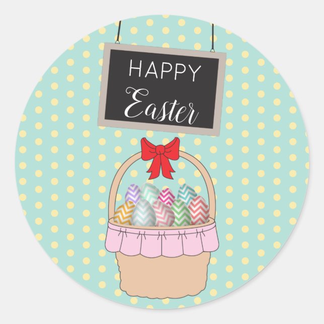 Cute Easter Basket & Pastel Easter Eggs Classic Round Sticker (Front)