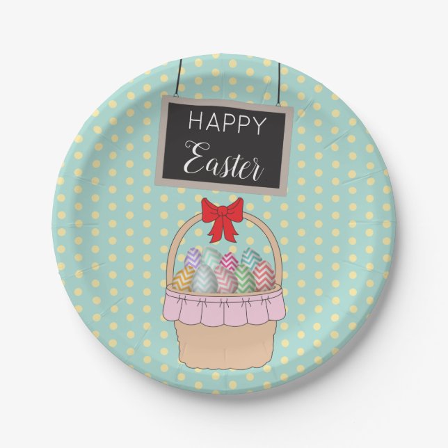 Cute Easter Basket & Pastel Easter Eggs  Paper Plate (Front)